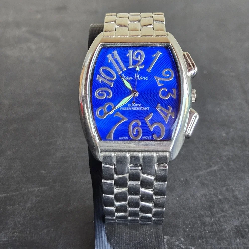 Jean Marc Mens Quartz Watch Silver Tone Blue Guilloche Dial Link Band 7 Tested
